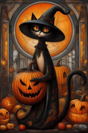  whimsical , art deco & Secession art ,of a black cat with elongated neck ,wearing black witch hat,holding a jack-o-lantern with scary face carving   made of  pumpkin  .bg garden of pumpkin with Halloween theme,Jack-O-Lantern,Whimsical Kiko,Art Deco & Secession,Jack-O-Lantern,Whimsical Kiko,Art Deco & Secession 