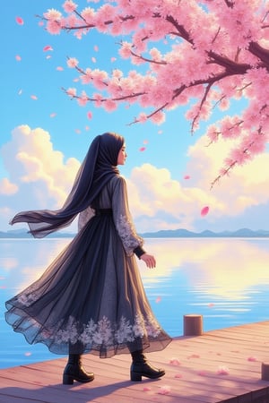 A beautiful stunning realistic girl wearing hijab, long modest flowy dress and woman boots,walking at the jetty with cherry blossom tree at the lakeside.bg blue sky with fluffy cloud of pink colour blend with yellow colour dominant,vibrant color,gouache painting,concept art,digital art, with cherry blossoms petals falling gently around her, change her dress to black and white with delicate lace details,Sumi-e kiko