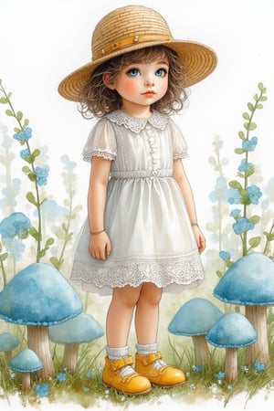 Inspired by Macbel's artworks of a Full body view of a four year old girl wearing a dark white lace dress with yellow shoes standing among light blue mushrooms, a detailed painting inspired by whimsical cartoons --sref https://s.mj.run/RC2zkGZWeDA --ar 2:3
--sw 60
--v 6.1,Watercolor Kiko 