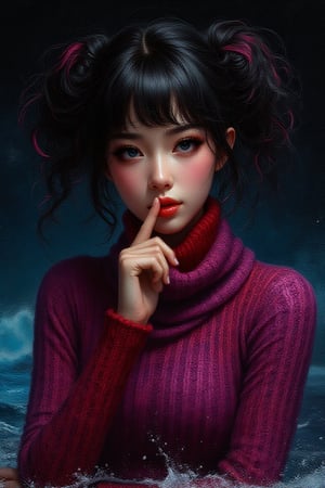  painting with black background, a realistic glamourous beautiful lady dressed in red purple and blue color turtle neck sweater, black hair with pink
highlights, two buns pulled up like
pigtails, has finger in front of mouth as if to say shhhhh.bg blue ocean with waves,  hyper-realistic, clear,
dramatic light, Luis Royo, Carne Griffiths
styles.  