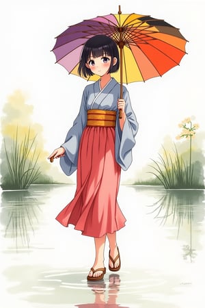 Sumi-e style watercolor portrait of a young, beautiful anime girl in a modest kimono and sandals, strolling in a lake garden. She holds an umbrella in purple, yellow, red, orange, and black colors, blending modern color block style. The scene is framed with a focus on her serene expression and the vibrant colors of her attire against a white background, with soft, flowing ink lines capturing the essence of the moment.