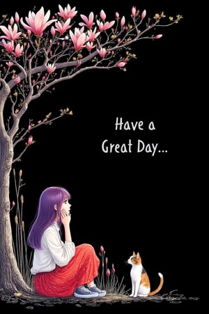 solid black greeting card taking up most of
image. On left bottom edge,Border with
anime young girl,long purple hair,white blouse with red layred flowy skirt  wuth tiny white floral pattern.
,sneakers,sitting looking up to
the sky,hand on cheeks, embossed
magnolia tree, calico cat, reeds,painterly, realistic dreamy.Add an embossed white
3D text "Have a Great Day" (( correct
spelling))to the image romantic, sumi-e
style,Sumi-e kiko,Embossed 