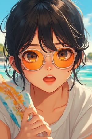 A close-up shot of a anime woman with a  bright expression, blending Akira and Hirō styles. She wears orange coloured clear glasses, with detailed facial features and sharp lines defining her face,soft make up,wears modest casual,.Natural lighting .She is holding a colourful tube at a seashore with beautiful ocean landscapes. 
