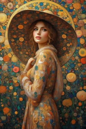 An enchanting portrait of a
stunning woman wearing a sunhat,
inspired by the artistry of Gustav
Klimt. She stands amidst a vibrant,
floral background. Her sunhat and
flowing dress are adorned with
Klimt's signature intricate patterns
and golden accents. The scene
radiates elegance and timeless
beauty, with the woman's serene
expression and the detailed,
decorative elements creating a
mesmerizing, dreamlike quality.