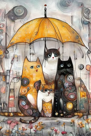 whimsical folk art in the style of Julia pott Quentin Black Kandinsky inspired of a 3 different coloured cats huddling
close together under a yellow umbrella that one cat is holding to shelter from the rain. Bg of wooden fenced meadow  with birch trees,colorful wildflowers ,uhd,hdr, 24K, 40s,Whimsical Kiko,Digital Illustration