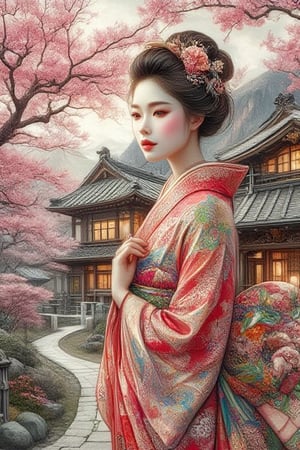 Highly detailed Art Deco and sumi-e painting, beautiful and delicate woman with powdered facial skin, delicate kimono, standing in front of Japanese house in spring during cherry blossom season, elegance, colorful rich patterns, metallic finishes and rich design elements, elegant furniture, epic, cinematic, gorgeous, stunning, intricate, meticulously detailed, dramatic, atmospheric, maximalist ,Sumi-e kiko,Art Deco & Secession,Digital Illustration 