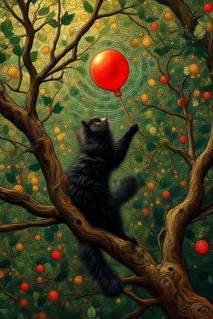 An overhead shot capturing a fluffy black cat gracefully climbing a tree branch trying to catch a stuck red ballon. Green leaves and other branches overlap, creating chaotic lines and swirls, with the wind adding movement. Inspired by Gustav Klimt's style, the image will feature intricate patterns, rich colors, and a touch of gold, evoking a sense of elegance and timeless beauty.