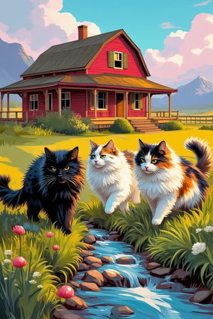 Digital oil painting  ,whimsical cats.one,a fluffy black polkadot cat, second a white cat and third a fluffy calico cat, playing with colorfull ball at Farm, stream, pop art poster, bright color scheme, beautiful house, scenery wallpaper aesthetic, Utah, Instagram art, high contrast, blissful landscape, clean, elegant painting,UHD,HDR,24K, 40s