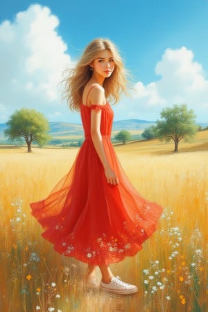 zenithal painting ,gouache painting, realism oil painting of a 
korean girl standing in pampas field along a tar road looking over her shoulder .She has soft make up  long blond wind-blown wavy hair, vivid brown eyes,sweet smile, looking over her shoulder. The winds are blowing the prairies. She wears modest red midi dress with floral pattern
at the edge of the billowing skirt, sneakers,blue sky with fluffy cloud, trees, coloful wildflowers,hills on the horizon rendered in a soft brushstrokes,soft lines and
shapes, in the style of fine art illustrations,gouche effect 