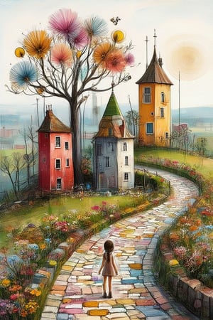 digital illustration, digital art, whimsical art,three fancy elongated houses of
different colors, 2 stylized trees
resembling large flowers, a colorful
cobbled path that snakes up the hill and
a silhoutte of a young girl on casual outfit, climbing the path, lots of colorful
flowers, a peaceful atmosphere
harmonious,UHD ,HDR,24K, 40s,Whimsical Kiko,Digital Illustration,FineArt 