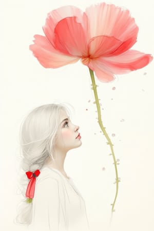 A white young girl standing, looking up at a floating ombre crimson red color of a giant single stalk of poppy flower with a dreamy expression. She has long wavy hair with a single braid tied with a red bow, and the overall style is soft and reminiscent of a pencil sketch with selective color highlighting the bow and heart, soft painterly, realism with dewdrops on the flower petals,FineArt,WatercolorWash 