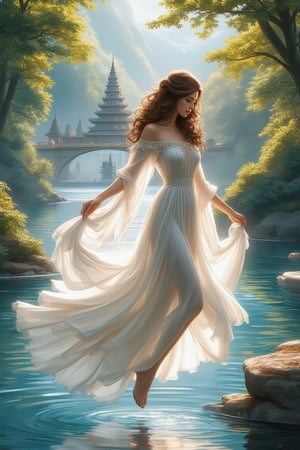 (extremely detailed CG unity 8k wallpaper),(((masterpiece))), (((best quality))), ((ultra-detailed)), (best illustration),(best shadow), ((an extremely delicate and beautiful)),dynamic angle,floating, solo,((1girl)),{long wavy curly hair},expressionless,((white idol dress)), anglesailor dress,(detailed wet clothes),silk shawl,bikini,underboob, frills,cute anime face,blush,(beautiful detailed eyes), (detailed light),feather, nature, (sunlight), river, (forest),(((floating palace))),beautiful and delicate water,(painting),(sketch),(bloom),(shine),