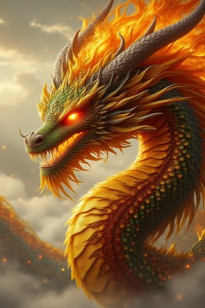 Close up shot,A highly detailed, fierce dragon with intensely glowing orange eyes & sharp white teeth. lts scales are primarily vibrant
green typed in gold, with a long , coiled, red underbelly visible. The dragon's metallic horns curve
outward from its head, dark at the base, fading to a lighter
hue. Its mane flares out with fiery colors, blending shades of orange, gold & red, creating a dynamic, flame-like effect around the head. The dragon casting bright big fire to show its prowess, bg white grey cloudy sky,uhd,hdr,24K, 40s,FireDragon