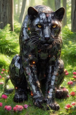 Digital illustration, a large metal sculpture of a shining black
panther made of various scrap metal pieces, including nuts, bolts, and washers.The sculpture stands on a green grass .The background is a green forest with trees and lush fern trees. Add red roses to
the image,UHD , HDR ,24K ,40s 