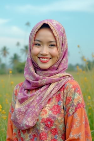 beautiful  stunning malay
woman smiling face,soft make up, standing in meadow,fenced,wildflowers,coconut trees, looking at the camera ,
showcasing colorful floral pattern
clothing and a stylishheadscarf with shades of
red ,white and purple, under a blue sky with wispy clouds ,conveying a serene ,dreamy, painterly , lively, full of colors,atmosphere UHD HDR ,24K, 40s 