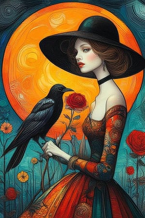 whimsical , folk art ,illustration painting of beautiful lady, wear oversized hat, hold a vibrant red rose, a crow perch on a dried branch prominently against a glowing full moon in the background in the
style of Julia pott Quentin Black Kandinsky, minimalistic,Whimsical Kiko,Art Deco & Secession,Whimsical Kiko 