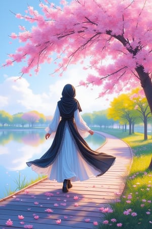 A beautiful stunning realistic girl wearing hijab, long modest flowy dress and woman boots,walking at the jetty with cherry blossom tree at the lakeside.bg blue sky with fluffy cloud of pink colour blend with yellow colour dominant,vibrant color,gouache painting,concept art,digital art, with cherry blossoms petals falling gently around her, change her dress to black and white with delicate lace details,Sumi-e kiko