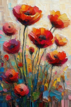 An abstract palette knife artwork with brushstroke impasto technique featuring a cluster of poppies in vibrant colors. The
composition includes at least one
prominent red poppy and others in
shades of peach or cream, with visible thick paint layers and a dynamic interplay of light and shadow to evoke a sense of
movement within the petals. The
background is rendered in soft, muted tones to make the flowers stand out,uhd,ImpastoKiko,Oil Painting Kiko,ArcylicOil Painting 1 