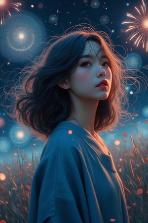 zenithal painting,gouache,realism ,oil painting,modern japanese
illustration,digital illustration,adorable
girl,Ann dittmann+loish,minimalist,wears
modest casual ,windy,romantic
vibes,inspired by Archie's illustration
painting style,expression
shot,candid,midjourney+L ORA style,-
niji,contra,bright moon light,night,particles
on air,fireworks on sky , hyperrealistic,
surrealism, UHD HDR ,24K, 40s,Mina1,Night