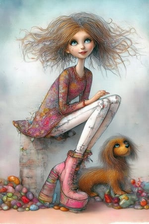 whimsical artistic illustration of a short thin doll girl with slightly untamed curly blonde hair, and a coy smile. she sits on a ledge. she wear torned  white jeans and a pink sweater, low shaft pink boots with high heals. a dog. background mottled. textured oilpainting,Whimsical Kiko,