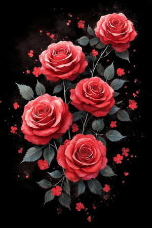 sumi-e style,delicate  red roses flowers,its petals gently falling ,ink splatters creative process .Add curvasive text " ALL THE BEST" to the image. background solid black ,uhd,Sumi-e kiko,Watercolor Kiko 