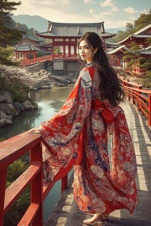 pop art style ,a  young japanese lady ,long black hair pale face,vivid brown eyes, sweet smile  dide view ,wearing japanese traditional red and blue kimono,shoes,strolling on a red bridge,across a small lake in a japanese garden landscape.UHD