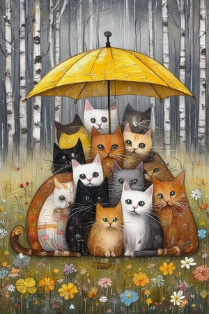 whimsical folk art picture Julia pott Quentin Black Kandinsky inspired of a several different coloured cats huddling
close together under a yellow umbrella that one cat is holding to shelter from the rain. Bg of wooden fenced meadow  with birch trees,colorful wildflowers ,uhd,hdr, 24K, 40s 