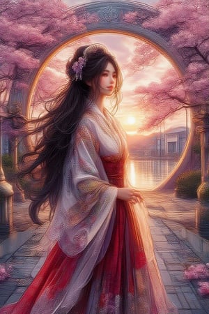 anime art of a beautiful cute girl,long black hair, darker shades
of blue,pink,purple and golden color-as-the background, attire in vibrant red white and brown skirt, the style of Japanese school costume
with detailed pattern, standing before a circular gate that frames the setting sun.I\nhappy expression,enjoying hyperrealistic 
sakura blossoms,Include elements of romance, variety color tone on every object, art deco and secession style to create the difference,Digital Illustration,Sportkiko,Art Deco & Secession 