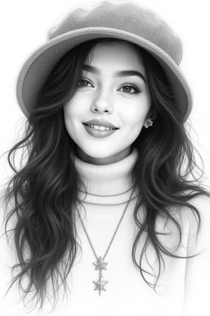 hyperdetailed photorealistic black and
white precise fine pencil sketch of a 4D
woman ,long black wavy hair, wearing a
turtleneck ,oversized hat and an elegant
minimalist necklace with a star pendant.
She smiles sweetly revealing soft dimples
and her bright eyes radiate natural beauty.
A cute hairpin adorns her hair , upturned
face. Her lips are red. wearing a turtleneck,SKETCH.KIKO