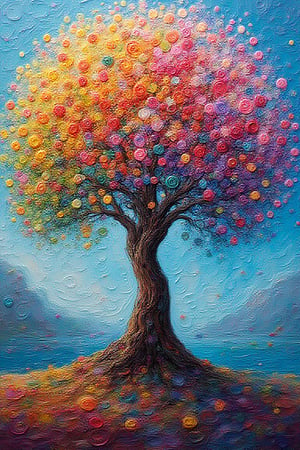 3D,Impasto,knife palette with bold brushstrokes in small circles ,
Tree of life in bright colors and pastel
colors in the style of monet