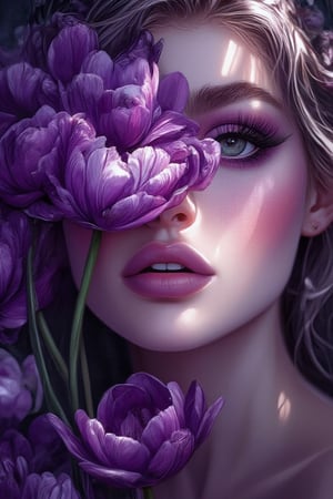 digital illustration painting, Portrait of a beautiful glamourous woman, pale face,purple eyeshadow, long eyelashes, purple lips,prominently embossed purple tulips covering an eye, subtle blush ,dark background UHD,HDR,24K, 40s,Embossed,Digital Illustration 