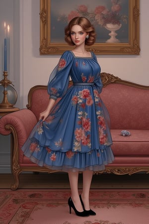 1girl, solo, looking at viewer, short hair, blue eyes, brown hair, long sleeves, dress, holding, jewelry, standing, collarbone, full body, flower, shoes, indoors, black footwear, high heels, lips, blue dress, floral print, couch, realistic, candle, vase, painting \(object\), carpet