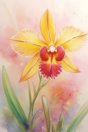 Full render Wet Watercolour depiction of a  beautiful yellow and red bearded  orchid - background soft pastel  colours of lilac, soft green and a bit of brown , intricate details,  realistic    uhd,hdr 24K, 40s, hyper-realistic 