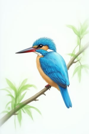 Watercolor style. A painting of a blue Iake. In the middle is an iridescent kingfisher ,intricate details, perched on an extended tree branch with green leaves,in the foreground. Reflections and shading. White background.   uhd,
hdr,24K, 40s 