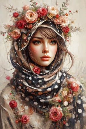 Create an image featuring a young beautiful girl, pale skin,vivid eyes  with a whimsical polka dot scarf wrapped around her head, adorned with a vibrant collection of
flowers in shades of cream, peach, and bold
red. The scarf should have a flowing quality,
giving the impression of gentle movement.
The background should be neutral to allow the
intricate designs and colors of the scarf and
flowers to stand out. Add detailed texture to
the hair strands peeking out from under the
scarf, showcasing various tones from light to
dark for depth,Oil Painting Kiko,Digital Illustration,Kikotaekwando