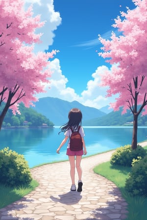 A young anime girl  wearing casual outfit walking on a meandering cobblestone path,near a lake side,pink blossoms trees,blue sky with fluffy cloud