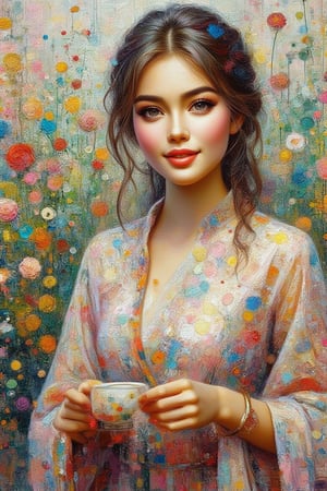 Arcyclic oil painting of a  serene portrait of a young Japanese chinese lady ,her soft, wavy hair framing a sweet radiant smile .The composition emphasizes her natural beauty. She wears modest casual , standing at front patio,holding a cup of tea, surrounded by delicate watercolor splashes and ink stains that subtly blend into the background. Soft shadows and fine details in her hair and face enhance the tranquil, artistic atmosphere,textured
brushstrokes and palette knife, in the style of gustav Klimt's,Gustav,ImpastoKiko,ArcylicOil Painting 1 