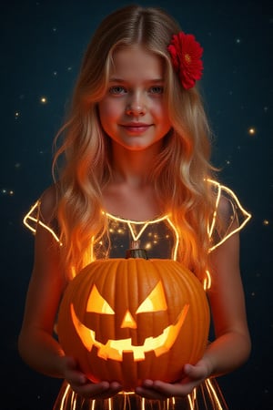 a lovely young girl with long wavy blond hair  adorned with red flower clip,wearing an  invisible modest dress with layered flowy skirt , happiness mood, facing the camera , holding a pumpkin Jack-O-Lantern , starry night hour