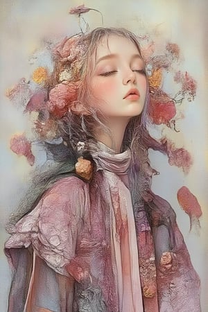 Oil on canvas, Portrait of an ethereal woman with porcelain skin, her eyes closed in peaceful serenity, hair transforming into delicate  blooming with vivid vibrant colourful flowers, roses, daisies, and blossoms in soft pink, yellow, and white. She wears an elegant dark purple brocade jacket intricately embroidered with floral designs, flowers appearing to grow from the fabric itself. Dreamlike and surreal, with a soft blue background, evoking tranquility and a deep connection to nature, hyper-detailed, soft lighting, whimsical and graceful atmosphere, floral surrealism, photorealistic, cinematic style, highly detailed embroidery, muted pastel colors, harmonious composition.,Hyperrealism &Surrealism,Oil In Canvas.Kiko,Hyperrealism &Surrealism,Whimsical Kiko 