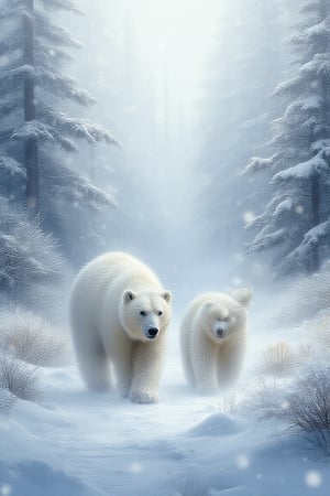 Oil illustration painting, A cute, 3D animation style Of a white snow bear walking near a snow covered river with Its two white cubs standing in front of Tress covered in white winter snow in a misty white atmospheric  background.  dreamy, romantic, painterly, UHD,HDR, 24K, 40s in the style  of,Oil Painting Kiko,Sportkiko