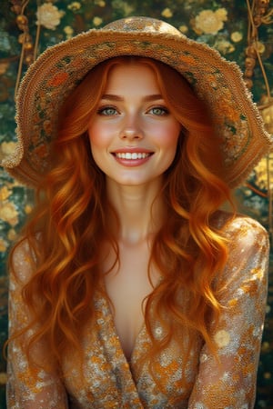 
A beautiful stunning princess ,long red wavy wind-blown hair, soft makeup, vivid eyes,
blush cheeks. She's wearing a n oversized sunhat, modest casual,Smiling with happiness.she is sitting on a swing under a big shady tree,with intricate patterns
reminiscent of Klimt's inspires artworks with a focus on
harmonious blend of natural forms,the image will
feature intricate patterns, rich
colors, and a touch of gold, evoking
a sense of elegance and timeless
beauty."