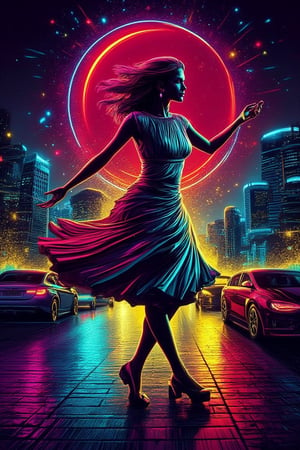 Pop art style , an image of a dancer mid-motion, with a vibrant splash of neon colors in red  yellow and purple highlighting
the movement against a nighttime city skyline
backdrop.,PopArtKiko,NeonColor 