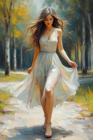  An abstract painting with sweeping gestural strokes of charcoal and pencil. The artwork incorporates acrylic paints, pigment-muted ink, and plaster art. The minimalistic and impressionistic style is evident in the blurred abstract depiction of a young beautiful girl, long wavy hair, flowy dress and heels, walking on a park,SKETCH.KIKO,ArcylicOil Painting 1,Luminism. Kiko