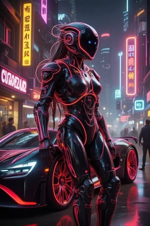 a fierce lady warrior in glowing red coloured Mecha armor, 4D, leaning on the
(Masterpiece),(UItra HD),(Ultra-realistic CG8k), an ultra-modern,surrealistic,  aggressive futuristic sports car with  a highly aerodynamic body in glowing metallic black and red colour, intricate design with flowing curves and complex patterns.bg of a 3D 
a Futuristic retro citys centre with high rises building in vibrant dynamic neon colors of red yellow ,white and purple. ultra-realistic,
hyper-detailed, cinematic
lighting,MECHA.KIKO,Hyperrealism &Surrealism,NeonColor 