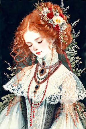 A highly detailed, ethereal portrait of a young woman with delicate, porcelain skin and soft red hair styled in an intricate updo. Her hair is adorned with small flowers in shades of white and red, along with delicate foliage, giving a vintage and refined aesthetic. She has her eyes closed, showcasing long, soft lashes, and her expression is serene and graceful. She wears an antique lace dress with a high collar, detailed lace trim, and layered necklaces with a dark gemstone pendant, adding a gothic yet elegant touch. The background is deep black to contrast and highlight her soft features and delicate accessories. The style combines realism with a subtle painterly texture, evoking a timeless, classic beauty,watercolor \(medium\)