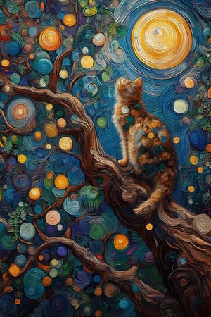 Impasto painting of a cat sitting on an extended gnarled branch with leaves, a cresent moon,fern trees,wildflowers, thick textured
brushstrokes and palette knife, in the style of gustav Klimt's,Gustav,ImpastoKiko,Oil Painting Kiko