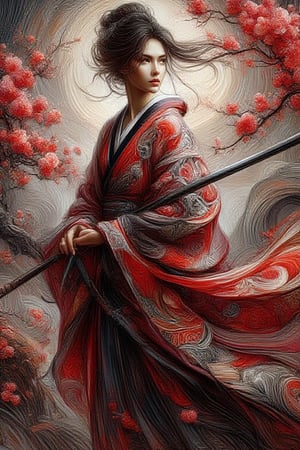 A powerful samurai woman
standing in a dramatic battle
scene, wearing a flowing red,  white and
black kimono with intricate
patterns, her dark hair tied in a
windswept updo, intense
expression of determination,
sharp features, cherry blossom
petals swirling in the air, dynamic
brushstrokes in red and black
creating an art deco background
of energy and battle, soft light
illuminating her figure, blending
the serenity of nature with the
chaos of combat, cinematic
highly detailed, vibrant colors
epic and bold compositio,Art Deco & Secession,Oil Painting Kiko