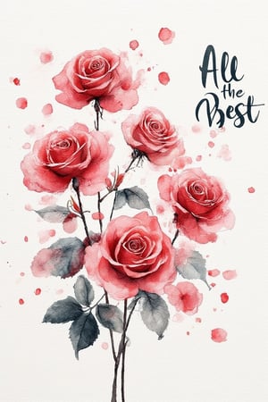 sumi-e style,delicate  red roses flowers,its petals gently falling ,ink splatters creative process .Add curvasive text " ALL THE BEST" to the image. background subtle white textured,uhd,Sumi-e kiko,Watercolor Kiko,WatercolorWash 