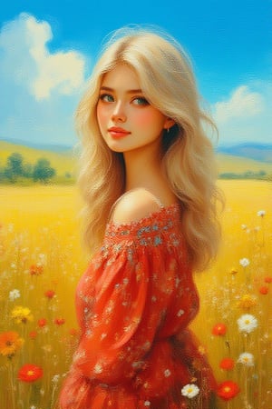 Close up shot, zenithal painting ,gouache painting, realism oil painting of a 
korean girl standing in pampas field along a tar road looking over her shoulder .She has soft make up  long blond wind-blown wavy hair, vivid brown eyes,sweet smile, looking over her shoulder. The winds are blowing the prairies. She wears modest red midi dress with floral pattern blue sky with fluffy cloud, trees, coloful wildflowers,hills on the horizon rendered in a soft brushstrokes,soft lines and
shapes, in the style of fine art illustrations,hyper-realistic, intricate details, dreamy, painterly gouche effect ,uhd,
hdr,24K, 40s 