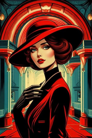 Create an avatar of a 1920s style woman beautiful her, wearing a red stylish hat black suit,facing the camera ,happiness mood, by brilliant artist, using a film noir,
minimalist, pop art, or anime aesthetic,vibrant, ful of colours.bg of art deco style ,medival style arches at a park,UHD,Art Deco & Secession,PopArtKiko